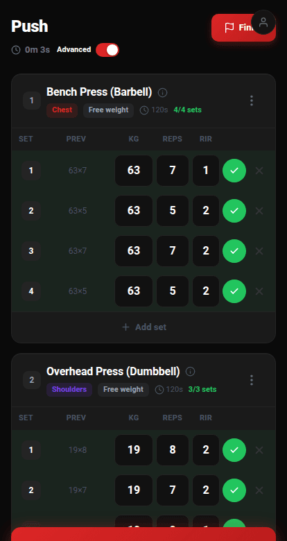 Corpus workout logging with RIR per set