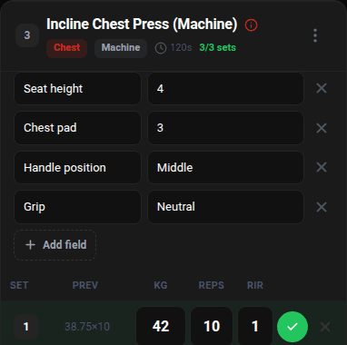 Machine settings: seat height, chest pad, handle position, grip